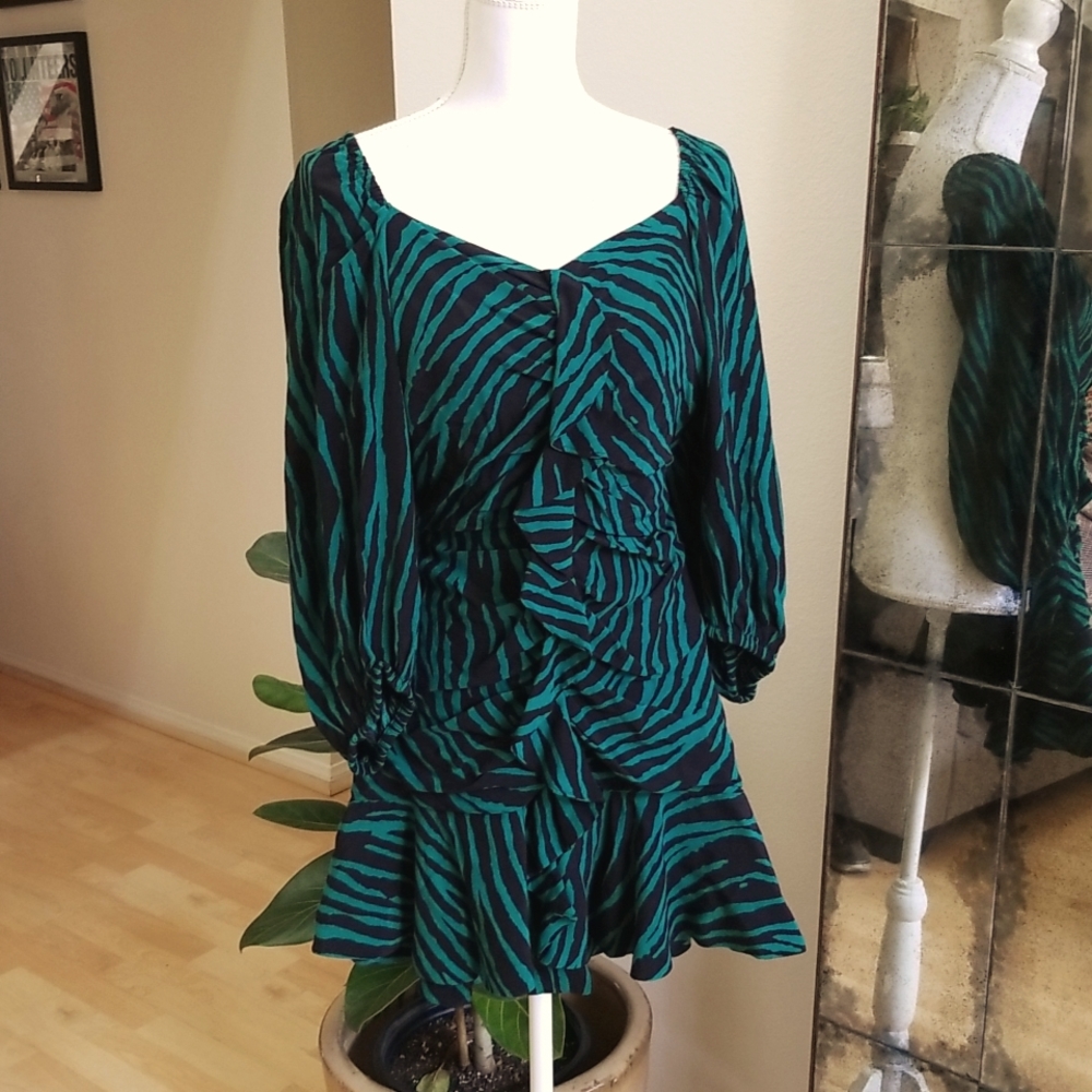 Zara Green Animal Print Tight Mini Dress, Large Sleeves EcoVero Viscose Ecofrien